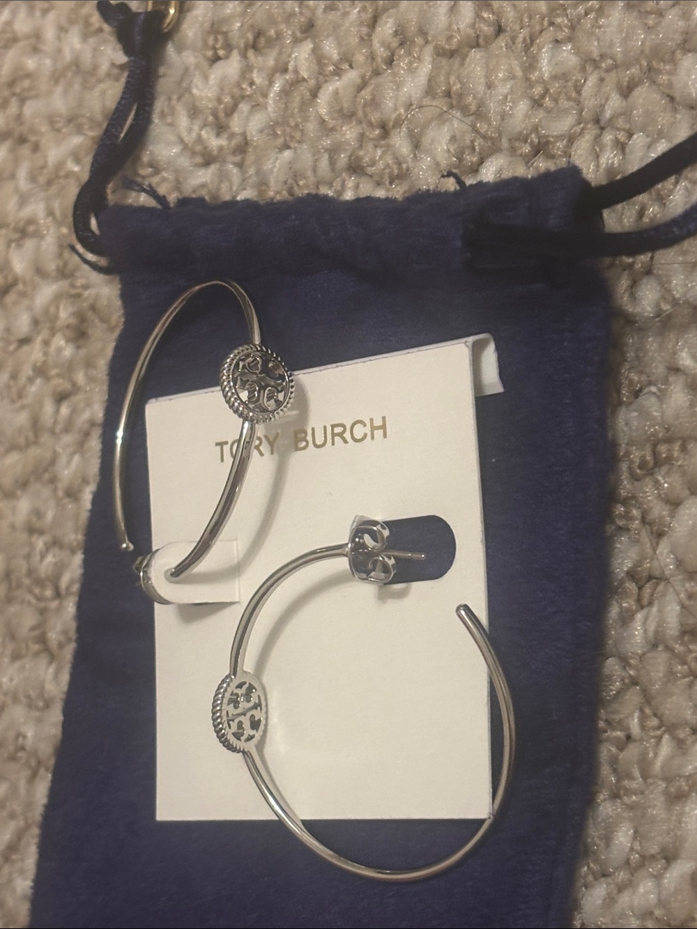 Tory Burch Silver Rope Logo Hoop Earrings - Picture 3 of 6